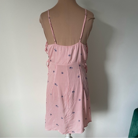 Free People Red White Pinstripe Palm Tree Print Side Ties Mini Dress Size Med - Picture 3 of 8